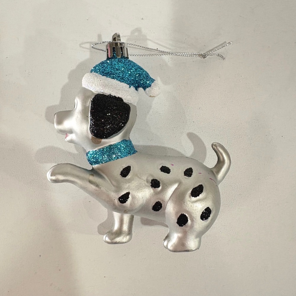 Dalmatian Puppy Dog Christmas Ornament Silver Blue Glitter Santa Hat Holiday
